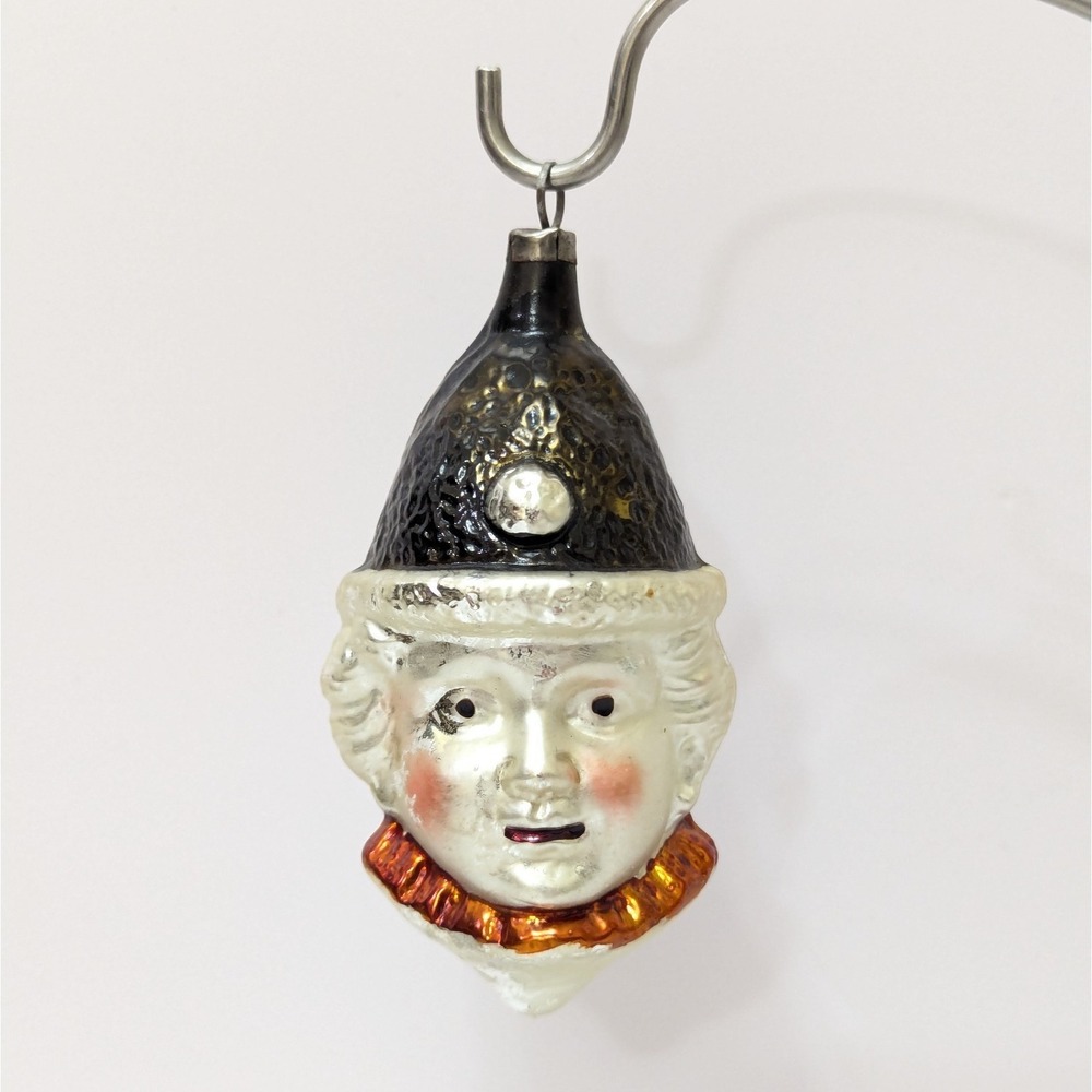 Vintage Clown Face Pierrot Head Harlequin Mercury Blown Glass Ornament 3.5"